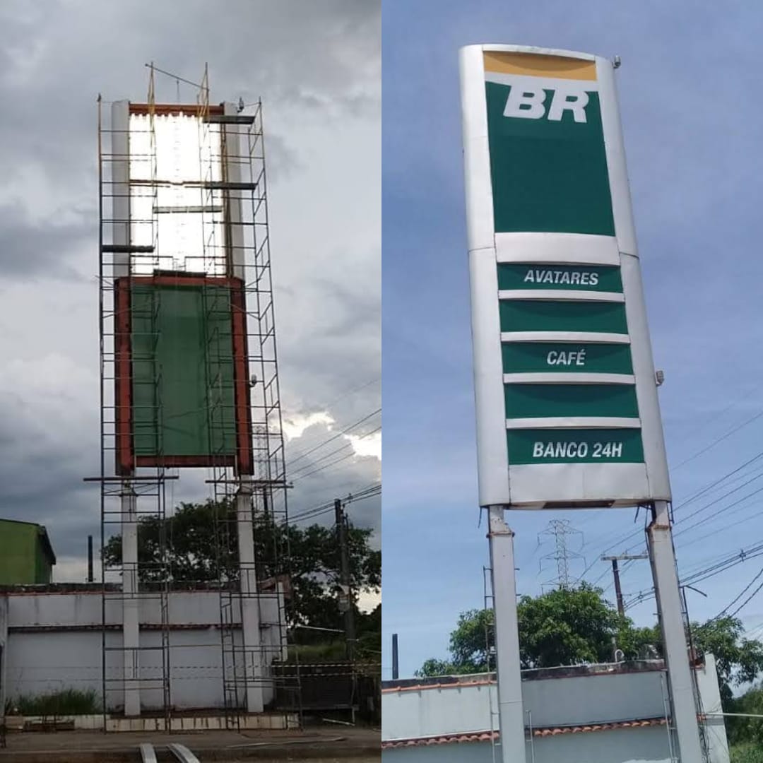 Antes e depois da restauração de totem corporativo